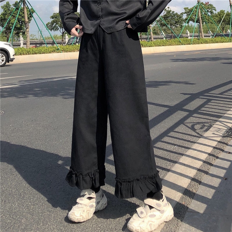 Japanese Kawaii Soft Girl Women Pants Sweet Ruffled Basis Wild High Waist Loose Trousers Elastic Waist Casual Solid Student Pant