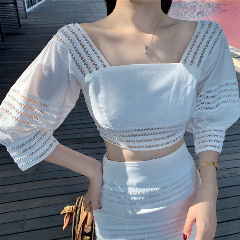 S-L Women Hollow Out Square Neckline Sexy Backless Crop Top Bodice+Bow Lace Up High Waist Stripe Ruffles Hem Long Skirt Set