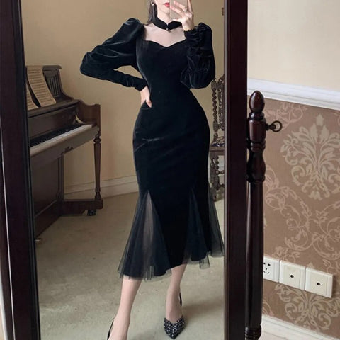 Elegant Mesh Velvet Black Long Dress Women Vintage Gothic Slim Party Dresses Female Winter Sexy Split Hollow Christmas Dress New