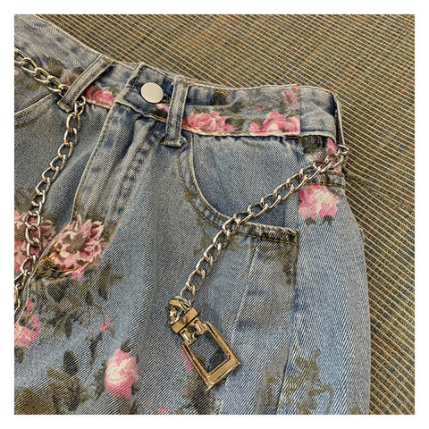 Streetwear Vintage Flowers Print Long Denim Skirts Summer High Waist Slim Sexy Open Split Straight Skirt Jeans Saias Female