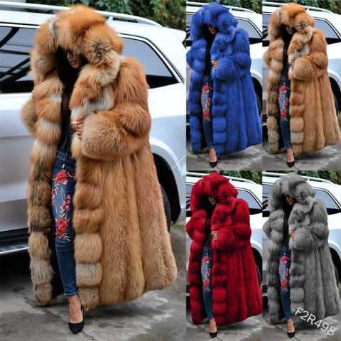 Pbong Fashion Long Winter Hooded Faux Fur Coat Loose Thick Warm Plus Size 5xl Artificial Fur Jacket Women Full Sleeve Outerwear Coats