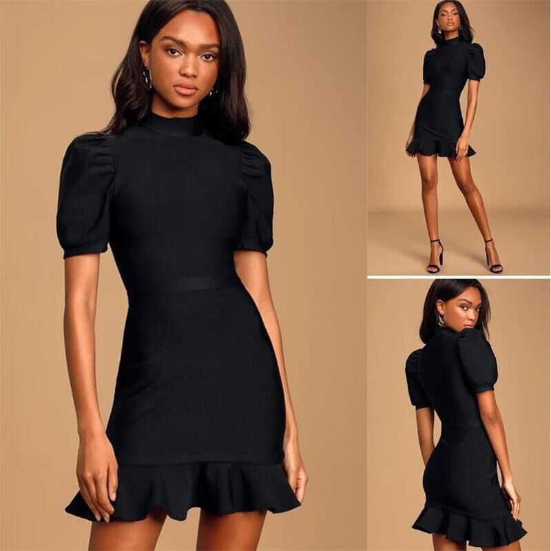 High Quality Black Purple Short Sleeve Ruffles Rayon Bandage Dress Elegant Club Party Dress Vestidos  Pbong  mid size graduation outfit romantic style teen swag clean girl ideas 90s latina aesthetic