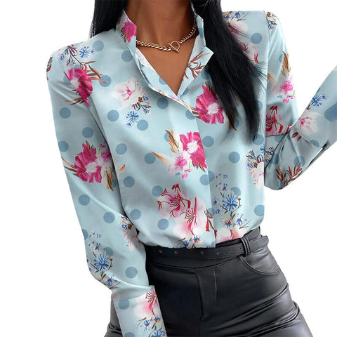 Autumn Floral Print Blouse Women Clothes Stand Collar Long Sleeve Office Lady Shirts Tops Female Casual Plus Size Blouses