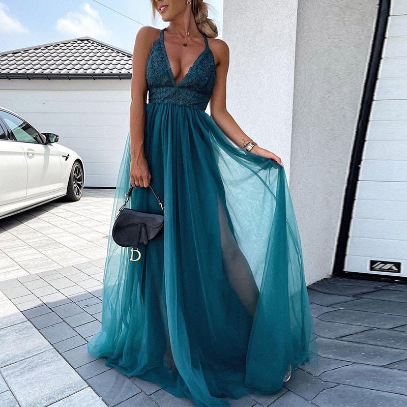 Women Sleeveless Off Shoulder Long Dresses Elegant Backless Lace-Up Bowknot Party Dress Sexy Deep V Neck Lace Mesh Maxi Dress