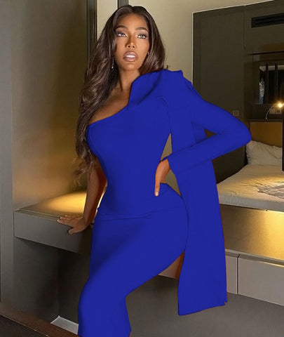 High Quality Blue Orange Runway Bownot One Shoulder Long Sleeve Rayon Bandage Dress Cocktail Party Bodycon Dress Vestidos