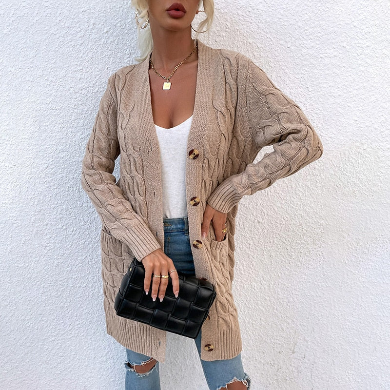 Women's Cardigan Sweater Autumn and Winter New Long Coat Twisted Rope Solid Color Knitted Sweaters Women