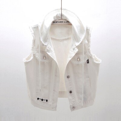 Plus Size 5XL White Hooded Denim Vest Coat Women New Autumn Casual Short Sleeveless Jacket Single-Breasted Jeans Waistcoat G1035