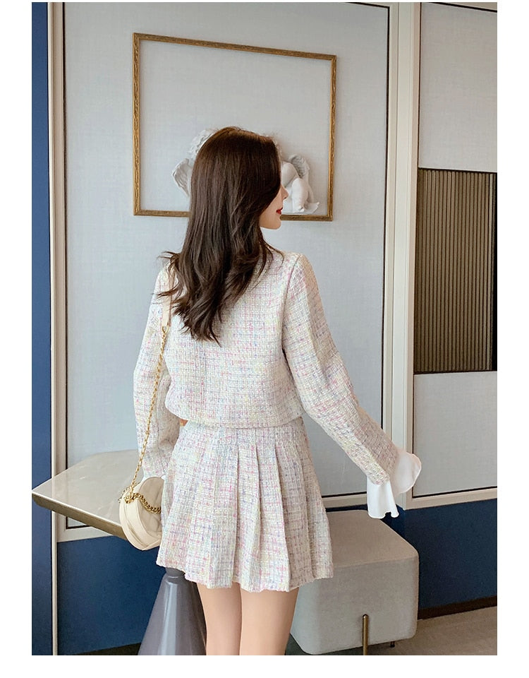 New High Quality Women Autumn Winter 3 Piece Sets Lady Fashion Elegant Slim Coat Skirt Shirt Three-piece Suit Tweed Sets