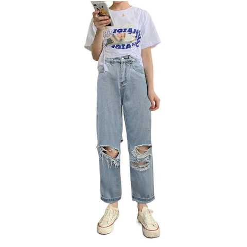 Ripped Women Jeans Wide Leg Long Pants Ladies Black Jeans Fashion Loose High Waist Vintage Denim Pants Hole Korean Women Trouser