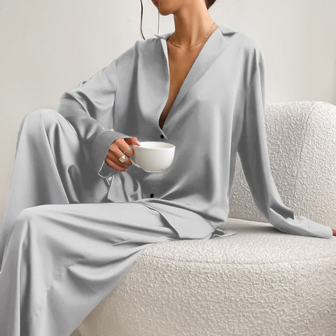 Oversized Satin Silk Sleepwear Low Cut Sexy Pajamas For Women Single-Breasted Long Sleeves Wide Leg Pants Trouser Suits