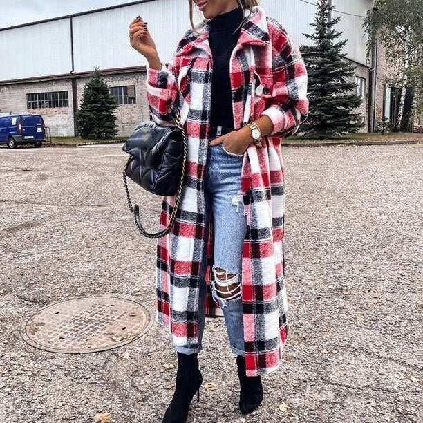 Women's Coat Spring Summer Long Sleeve Red Plaid Jacket Women Lapel Single Breasted Cardigan Coat Turndown Collar Women Coat