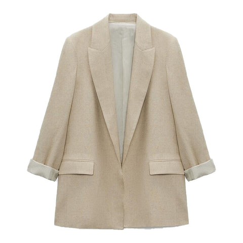 summer new style women's all-match casual loose linen casual suit jacket with printed cuffs