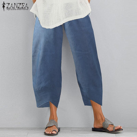 Vintage Women Cotton Linen Wide Leg Pants  Female Asymmetric Trousers Ladies Casual Loose Pockets Elastic Waist Pants