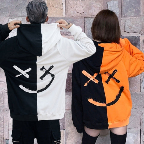 Men Hoodies Sweatshirts Happy Smiling Face Print Headwear Hoodie Women Patchwork Hoodies Hip Hop Streetwear Hooded Pullover