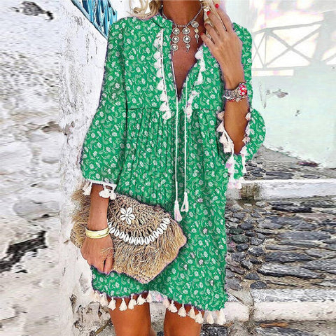 Women Floral Print 3/4 Sleeve Mini Dress Spring V Neck Tassel Vintage Party Dress Casual Loose Summer Beach Dresses Vestido