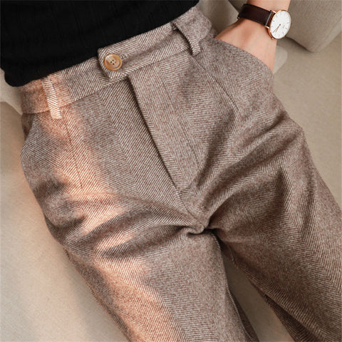 Herringbone Woolen Pants Women's Harem Pencil Pants Autumn Winter High Waisted Casual Suit Pants Office Lady Women Trousers