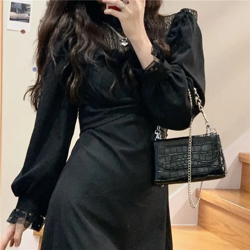 French Lace Vintage Dress Women Fashion Puffer Sleeve Elegant One Piece Dress Korean Spring High Street Slim Midi Dress Y2k