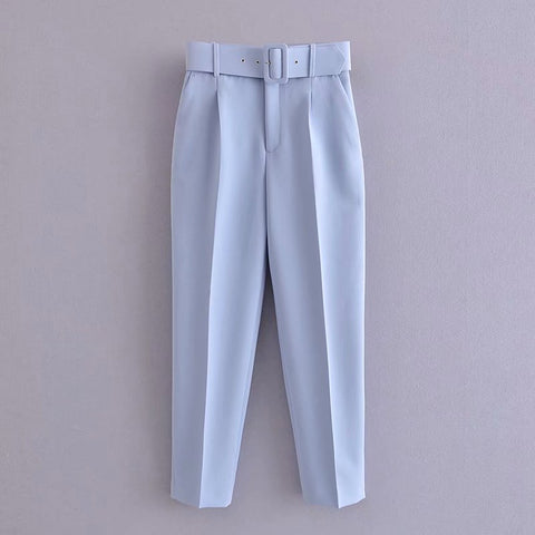 Women fashion solid color sashes casual slim pants chic business Trousers female fake zipper pantalones mujer retro pants P575