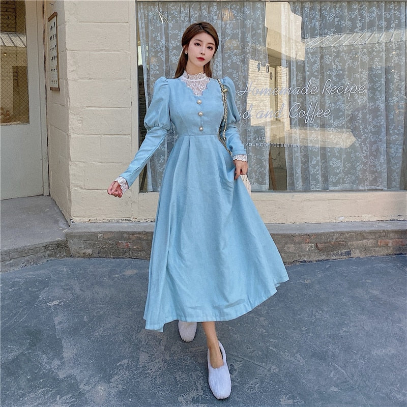 Solid Elegant Dress Women Winter Patchwork Lace Party Midi Dress Female Casual French Style Sweet Kawaii Korean Dress Women