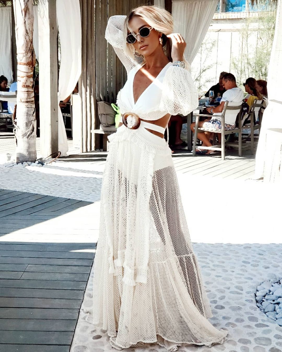 Pbong mid size graduation outfit romantic style teen swag clean girl ideas 90s latina aestheticSexy Deep V-neck Cut Out Long Sleeve Maxi Dress Long White Lace Tunic Women Clothes Summer Beach Wear Swim Suit Cover Up A1049