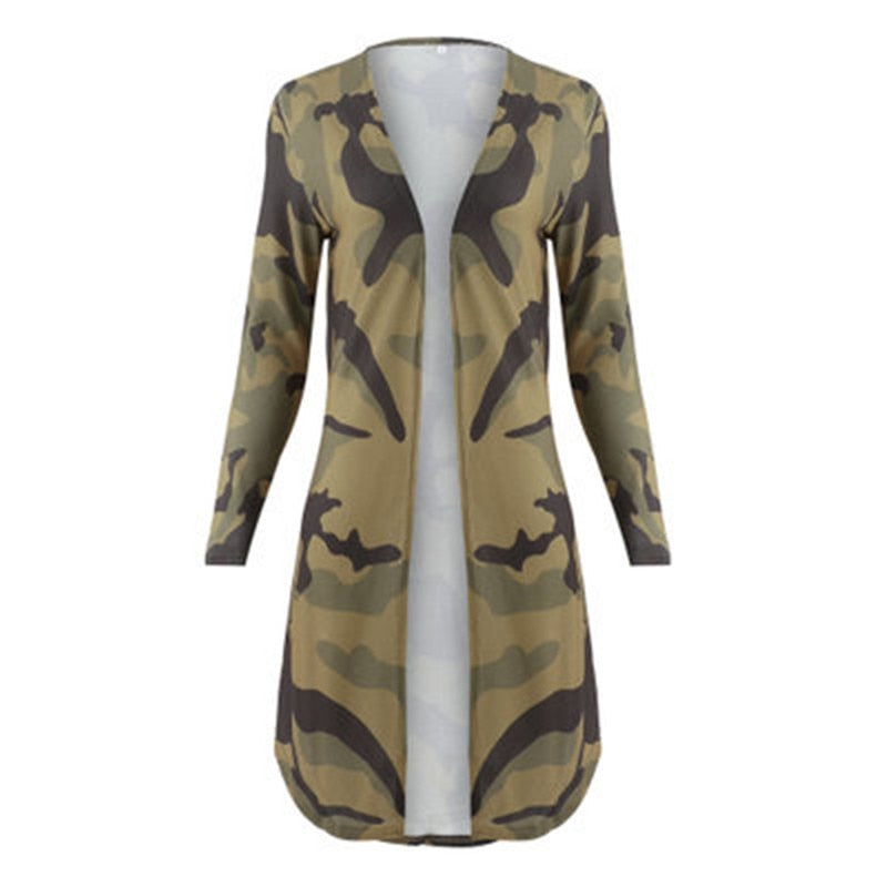 Spring Autumn Casual Women's Long Cardigan Jacket European and American Long Fashion Striped Camouflage Print  Casual Jacket