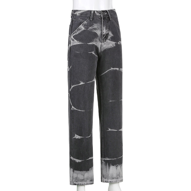 pbong Brown Tie Dye Print Y2k Baggy Mom Jeans Women Vintage Aesthetic Straight Denim Pants High Waist Gray Trousers Streetwear