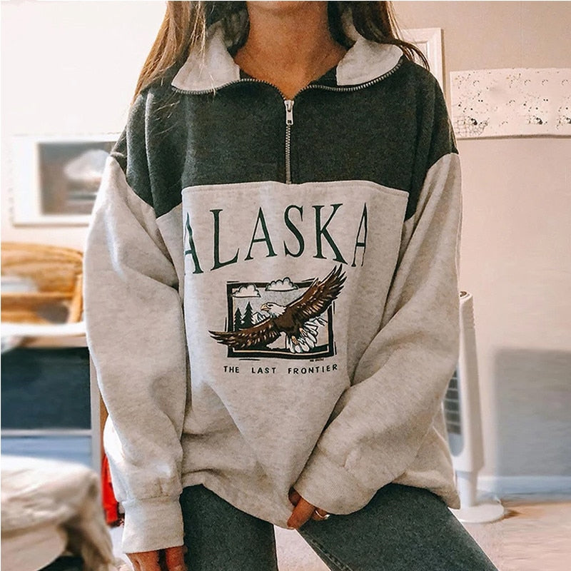 Women Letter Printed Sweatshirts Stand Collar Half Zipper Long Sleeve Pullovers Autumn Winter Casual Loose Outwear Sweatshirts