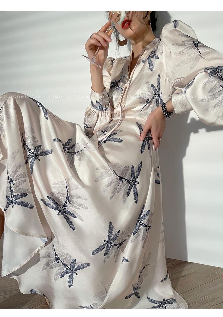 Early Autumn Women's Floral Print Satin Dress Deep V Long Sleeve Single Breasted High Waist Back Hollow Out Lady Loose Robe