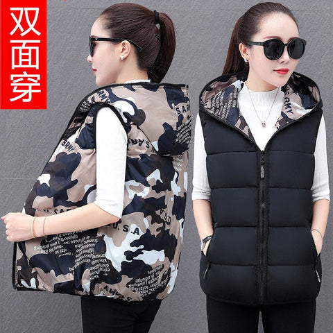 Camouflage Vest NEW Short Loose Waistcoat Down Cotton Jacket Outside Wear Autumn Winter Double-sided Thick Hooded Vest Women