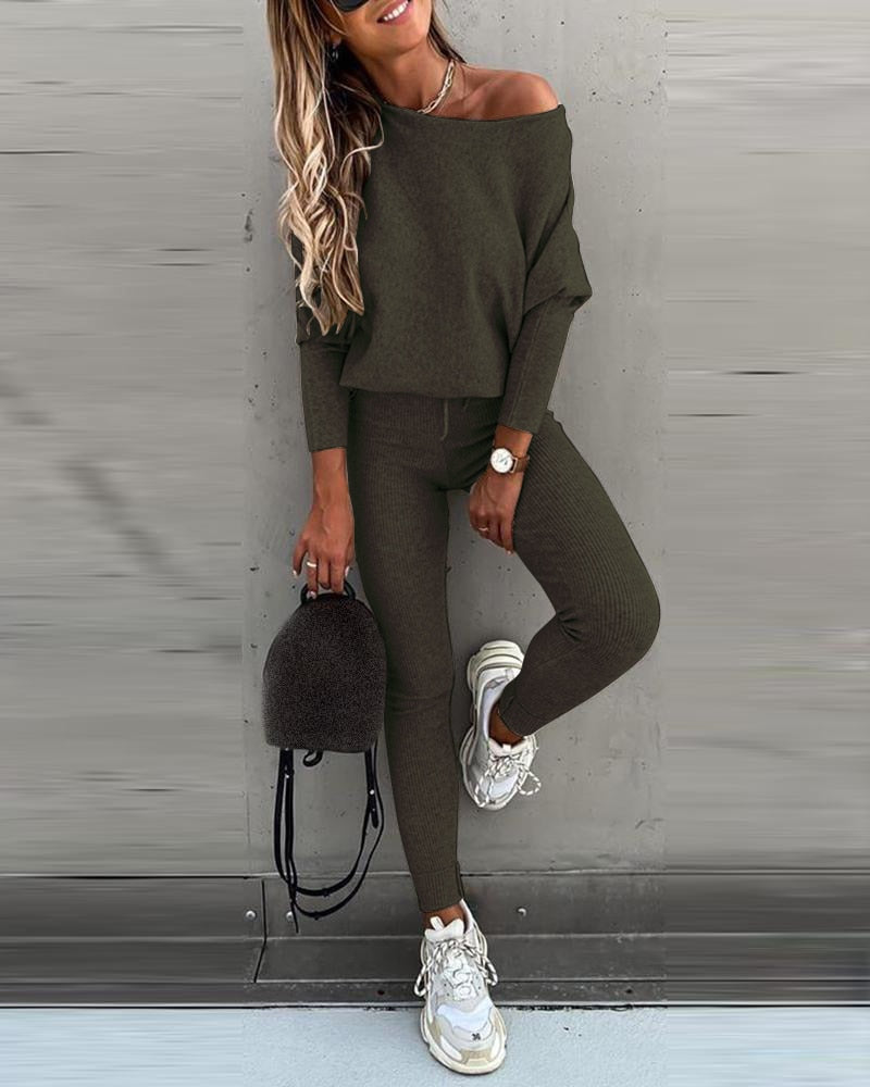 Ladies Long sleeve 2 Pieces Sets Women Fashion Solid Outfits Spring Autumn Sets Slash Neck Suits Streetwear Joggers Tracksuit