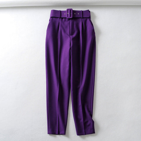 Women fashion solid color sashes casual slim pants chic business Trousers female fake zipper pantalones mujer retro pants P575