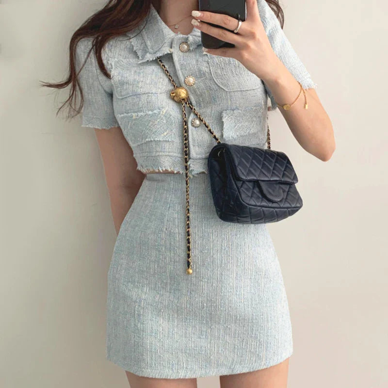 Women Summer Two 2 Piece Set Korean Style Elegant Single Breasted Tassel Short Sleeve Tops and High Waist Bodycon Mini Skirt