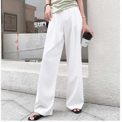 Retro Solid Color Wild Straight Wide Leg Pants Female Spring New Korean Fashion High Waist Casual Long Pants