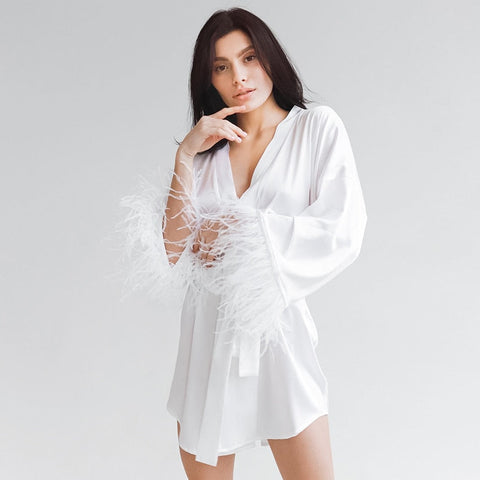 Feather Bathrobes Satin Sexy Mini Dress Long Sleeve Loose For Women Robe White Wedding Dress Black Bride Dresses