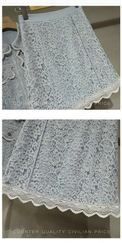 Summer Fashion Designer Runway Lace 2 Piece Set Women Blue Hollow Out Shirt Top+High Waist A-Line Sweet Skirt Hook Flower Set