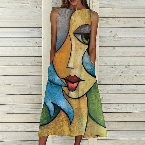 Abstract Print Sleeveless Dress Women Summer Casual Vintage Elegant Tank Loose Robe Beach Round Neck Maxi Dresses Vestidos S-5XL