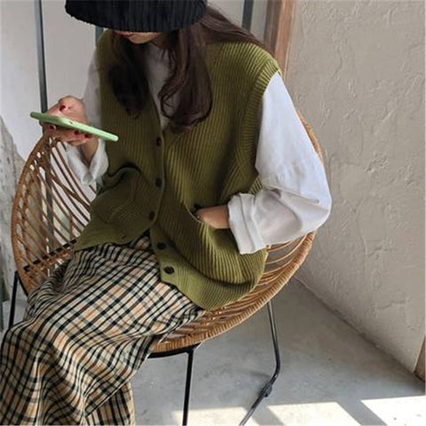 Knitted Sweater Vest Women Soft Stretchy Simple Basic Daily V-neck Solid Open-stitch Female Street-wear Vintage Korean All-match