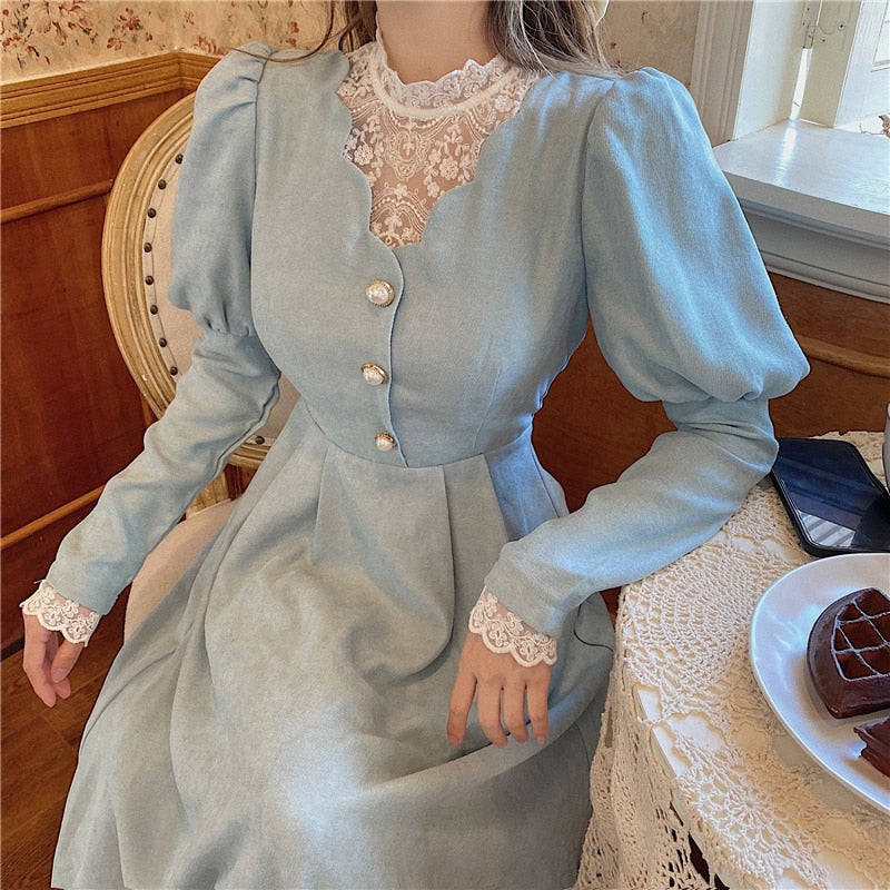 Solid Elegant Dress Women Winter Patchwork Lace Party Midi Dress Female Casual French Style Sweet Kawaii Korean Dress Women