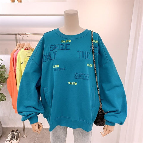 Pullover spring and autumn thin section new Korean loose letter embroidery all-match jacket hooded round neck sweatshirt