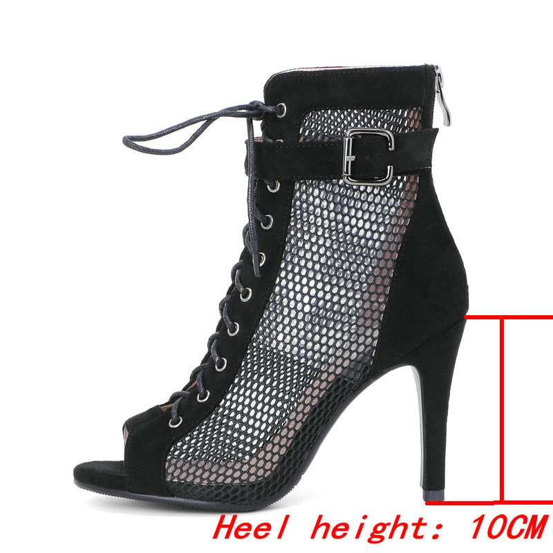 New Women's High Heels Jazz Dancing Shoes Sexy Mesh Short Boots Zipper Black Latin Indoor Dance Ballroom Sandals Ladies Shoes 47