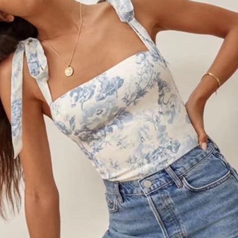 Adjust Bow Strap Blue White Floral Print Camis Women Summer Ruched Short Tank Tops Retro Cool Girl Sexy Slim Crop Top Tees