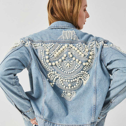 Pearls Embellished Denim Jacket For Women Light Blue Vintage Jacket Coat Bead Embroidery Autumn Winter Outwear