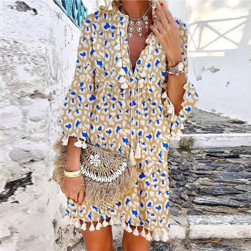 Women Floral Print 3/4 Sleeve Mini Dress Spring V Neck Tassel Vintage Party Dress Casual Loose Summer Beach Dresses Vestido