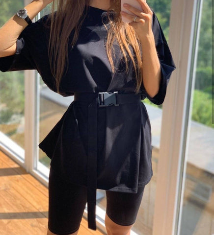 New Casual Solid Women's Two Piece Suit with Belt Solid Color Home Loose Sports Fashion Leisure Suit Summer Clothing
