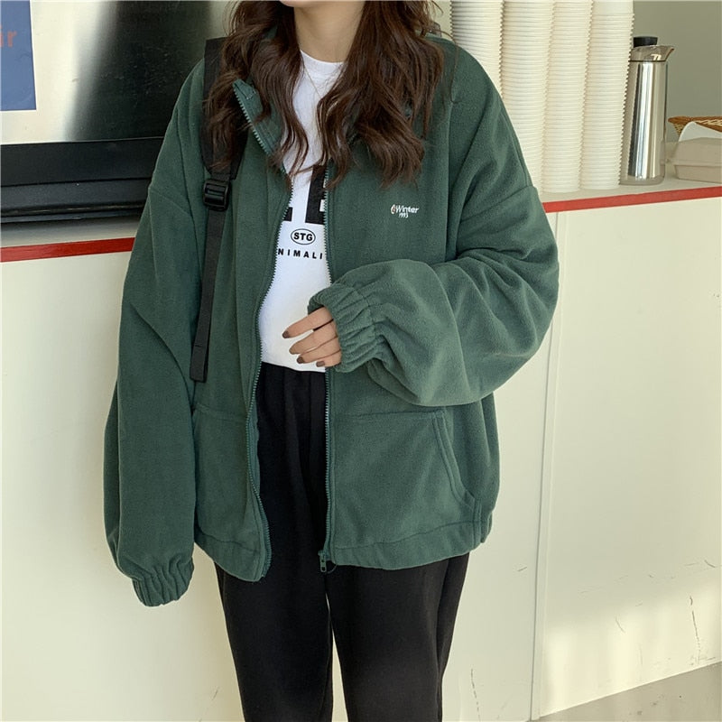 Harajuku Women Zip-up Hoodies Plus Velvet Fleece Warm Winter Sweatshirts Jacket Casual Loose Stand Collar Oversized Hoodie