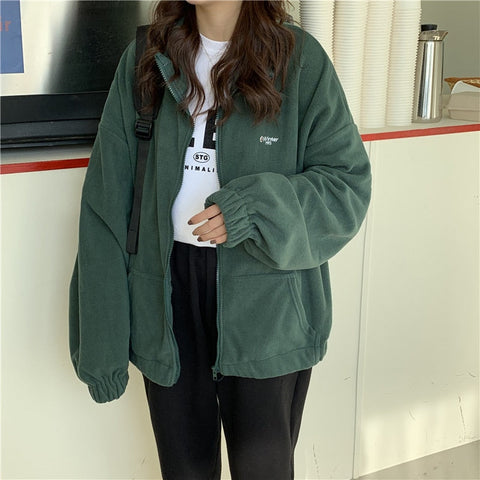 Harajuku Women Zip-up Hoodies Plus Velvet Fleece Warm Winter Sweatshirts Jacket Casual Loose Stand Collar Oversized Hoodie