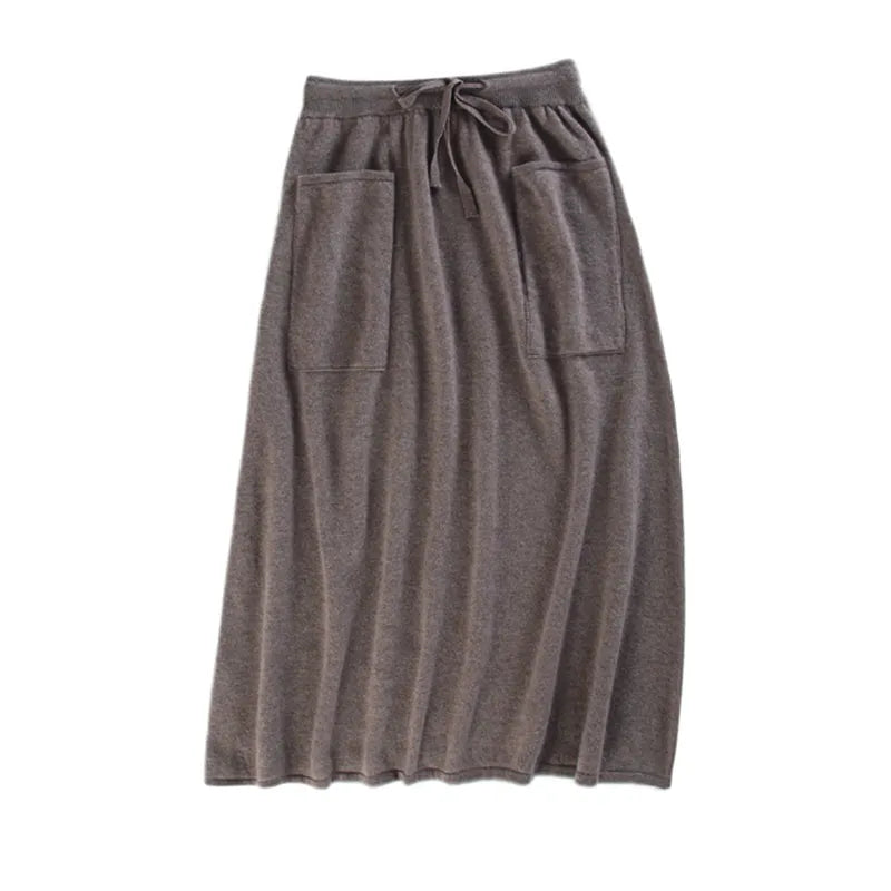 Cashmere skirt ladies high waist stretch skirt casual knitted half length long skirt with pockets winter warm female skirt