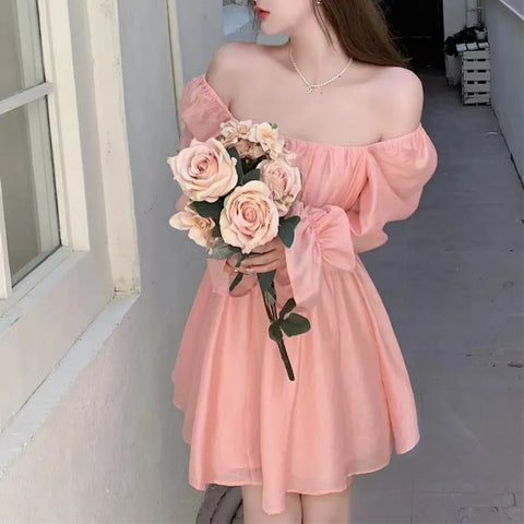 Pink Sweet Elegant Princess Dress Women Casual Korean Slim Long Sleeve Fairy Dress Female Backless Design Vintage Dress