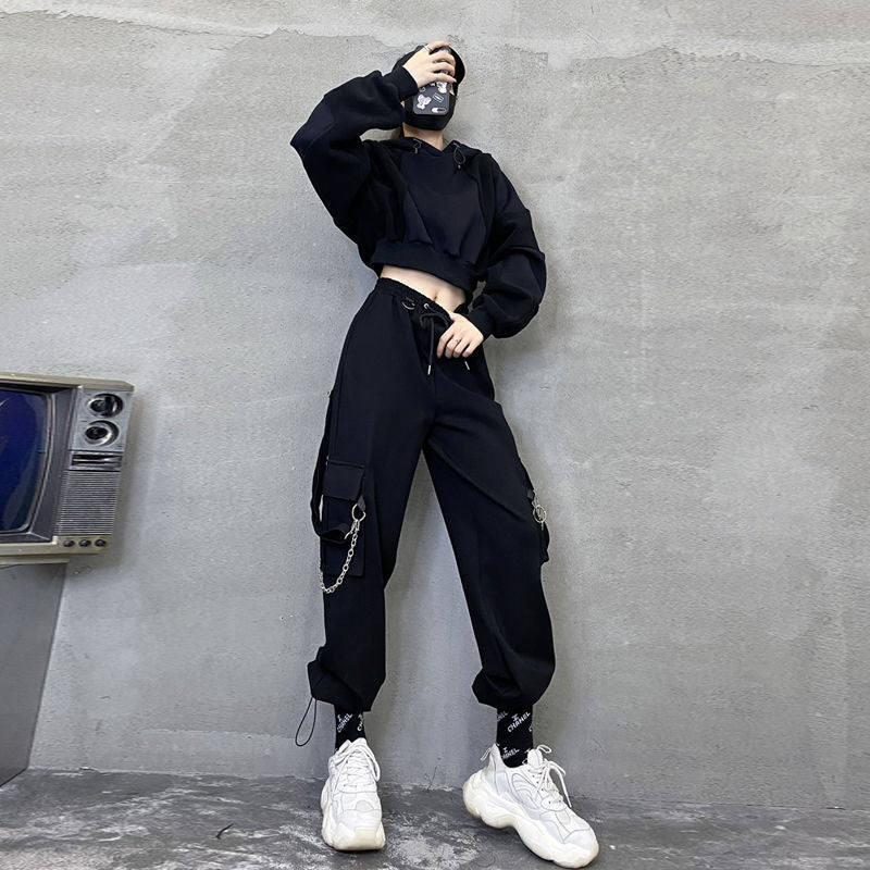 QWEEK Punk Oversized Cargo Pants Women Gothic Streetwear Black Chain Harajuku Hippie Korean Street Style Trousers Female Hip Hop