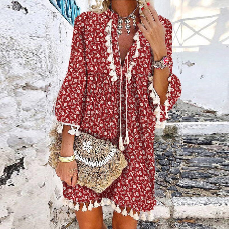 Women Floral Print 3/4 Sleeve Mini Dress Spring V Neck Tassel Vintage Party Dress Casual Loose Summer Beach Dresses Vestido